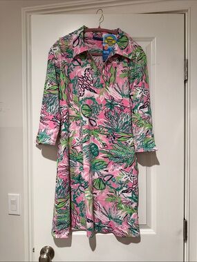 Banana Boat Pink & Green Sea-Print Long Sleeve Dress size Medium NWT
